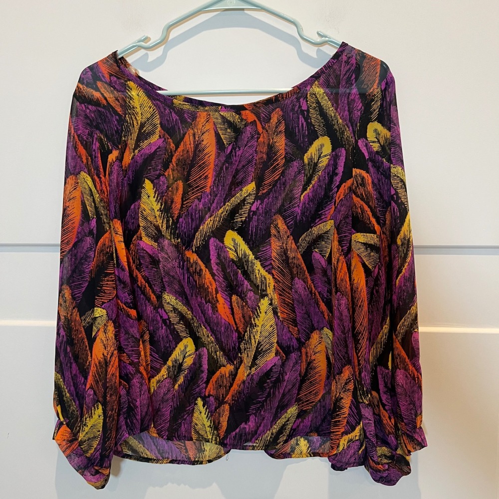 Wish Feather Print Blouse Womens Large‎ Long Sleeve Colorful Feather Crop Top